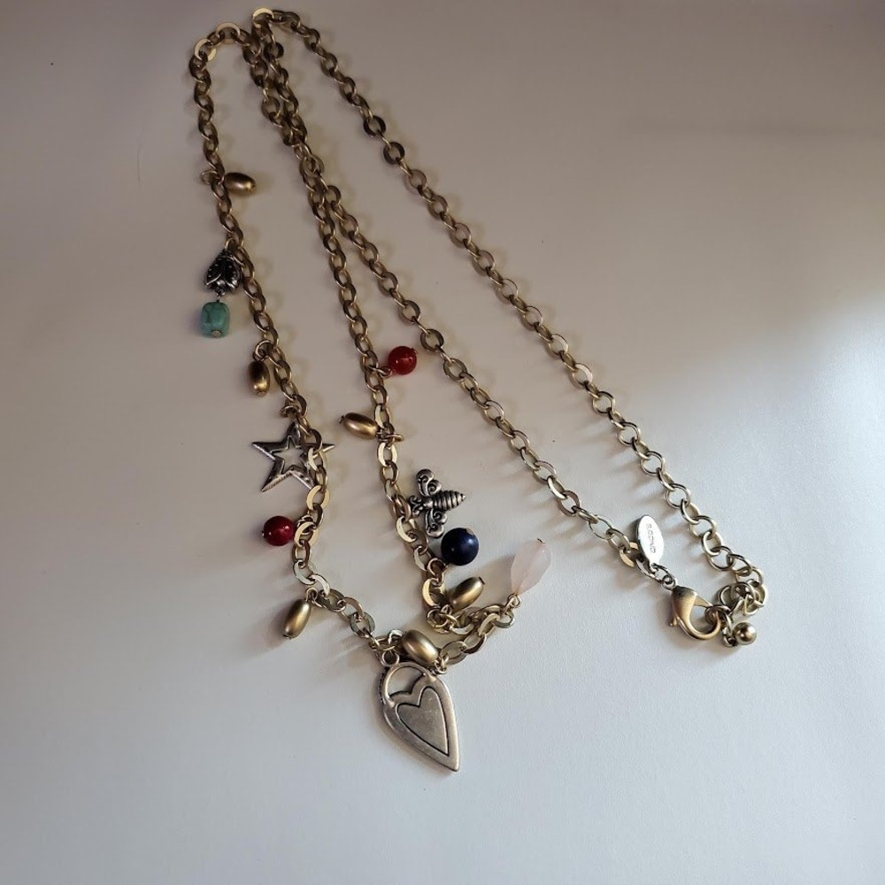 Chicos Gold Tone Multi Charm Necklace Heart Star Bee Mixed Beads Whimsigoth - Picture 4 of 6